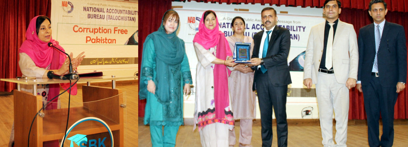 Prof. Dr. Rubina Mushtaq, Vice Chancellor, SBKWU delivering speech during the Seminar with collaboration of National Accountability bureau Balochistan on "Corruption Free Pakistan" held at SBKWU on 26/6/2025