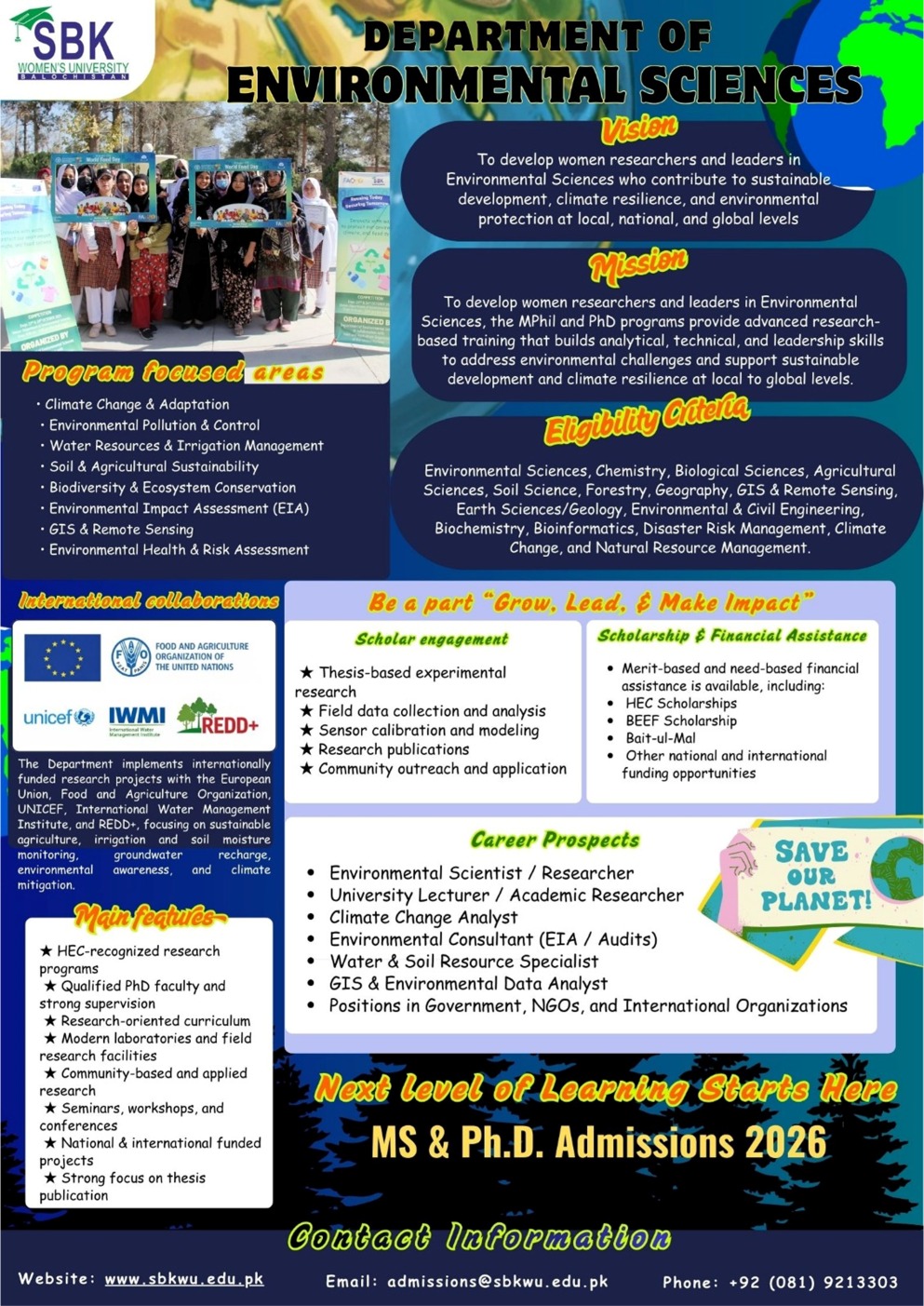 Environmental Programs Department Department of Environmental Science – SBK Women's University